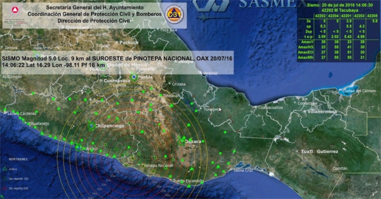 sismo registrado este miércoles al suroeste de Pinotepa Nacional